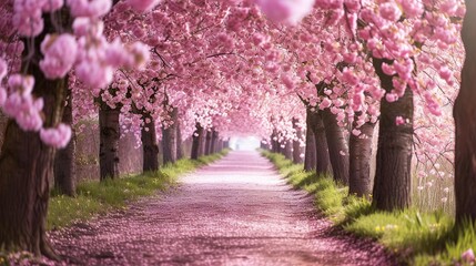 Beautiful cherry tree tunnel - obrazy, fototapety, plakaty