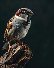 Fototapeta premium Side view of Sparrow perched on old log AI Generative