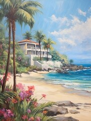 Greek Isle Whitewashed Villas Beach Scene Painting: Villa by the Aegean Sea - obrazy, fototapety, plakaty