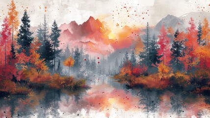 Sunset in the mountains watercolor background