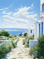 Greek Isle Whitewashed Villas: A Countryside Art Masterpiece Amidst Island Villa Countryside