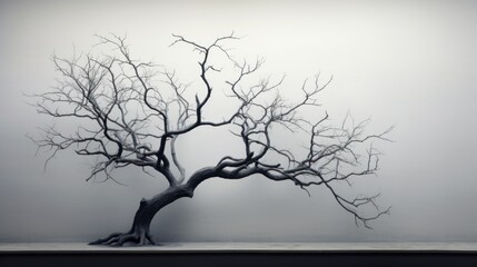  a black and white photo of a bare tree in a foggy area with a white wall in the background.