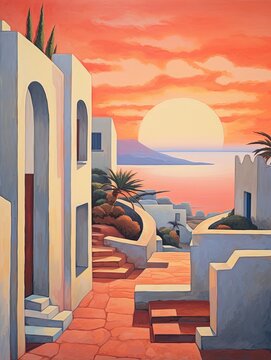 Dawn Painting: Greek Isle Whitewashed Villas Sunrise