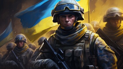 Obraz premium A digital painting depicting Ukrainian soldiers imbued with the colors of the Ukrainian flag AI generated