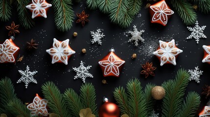 A flat lay of holiday-themed decorations on a festive background  AI generated