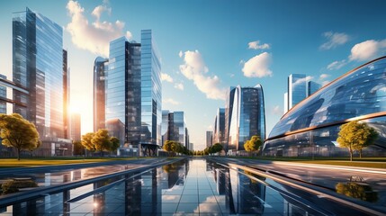 Fototapeta na wymiar A futuristic business park filled with sleek glass buildings AI generated
