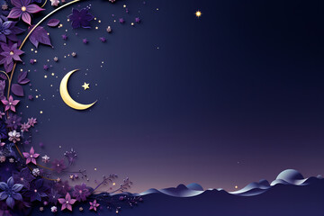 Ramadan Greeting Card with Islamic Symbols and Oriental Designs on Dark Background