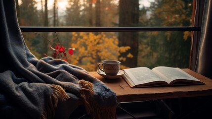 A flat lay setup of a cozy reading corner with a book mug of hot coffee and a throw blanket  AI generated