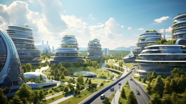 A futuristic business park filled with sleek glass buildings  AI generated