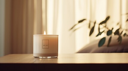 A hand-poured candle with a soft glow brightening a minimalistic room with clean lines  AI generated