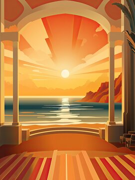 Luxurious Art Deco Theaters: Captivating Seascape Print of an Ocean View Theater