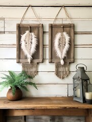 Macrame and Feather Hangings - Vintage Painting - Rustic Decor Wall Art