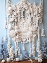 Snow-Draped Macrame Art: Winter Scene of Macrame and Feather Hangings