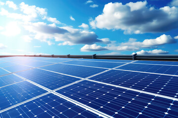 Bright blue solar panels under a cloudy sky with the sun shining. 3d render illustration.