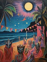 Midnight Carnival Masquerades: Enchanting Beach Scene Painting with Beachside Masquerade