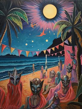 Midnight Carnival Masquerades: Enchanting Beach Scene Painting with Beachside Masquerade © Michael