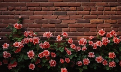 Red roses on a brick wall background with copy space for text