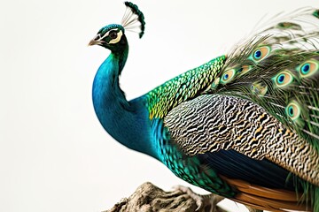 Beautiful side view Peacock on white background AI Generative