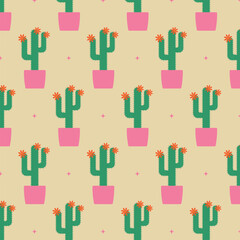 Seamless pattern with cactus in a pot. Vector illustration.
