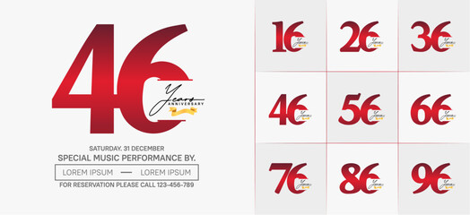 Set of Anniversary Logotype with gold ribbon, red color can be use for special day celebration