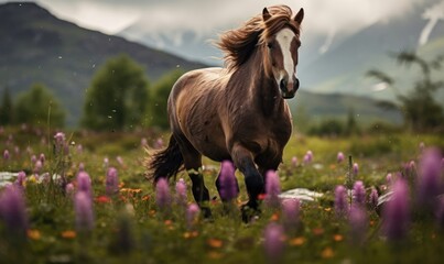 Beautiful Icelandic horse grazing on the meadow with blooming flowers