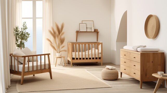 A minimalist nursery with a Scandinavian vibe featuring earthy tones and bare wood furniture  AI generated