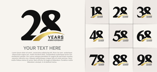 Set of Anniversary Logotype with gold swoosh, black color can be use for special day celebration