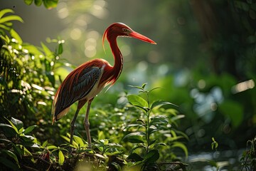 Beautiful Red Heron standing on the forest with light exposure AI Generative
