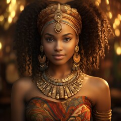 beautiful African American woman with an African-style jewelry, poses for a portrait, fashion trend, luxury makeup, retouched skin
