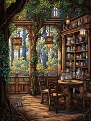 Fototapeta na wymiar Quaint Teashop Interiors: Serene Tree Line Art Surrounding a Charming Teashop in the Woods