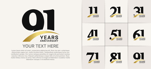 Set of Anniversary Logotype with gold swoosh, black color can be use for special day celebration