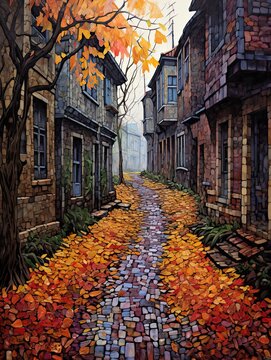 Autumn Dreams: Rainy Cobblestone Streets Painting With Fall Leaves