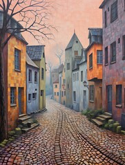 Serene Rainy Cobblestone Streets: Pastel Landscape of Soft Colors on Rainy Roads