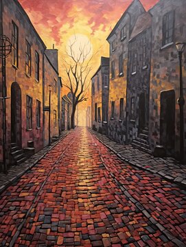 Sunset Glow on Rain-Washed Cobblestone Streets: An Ethereal Painting