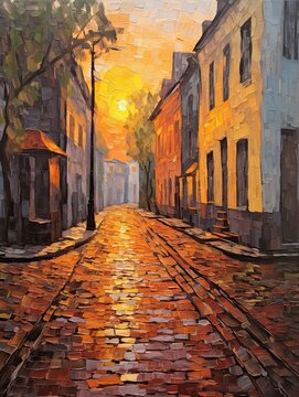 Sunset Rain: Cobblestone Streets Drenched in Evening Light