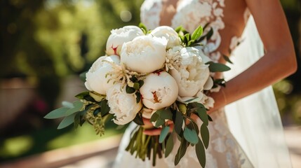 Bride with a bridal bouquet made of white peonies in her hand in the garden of a minimalist villa, photo of a bridal bouquet for advertising