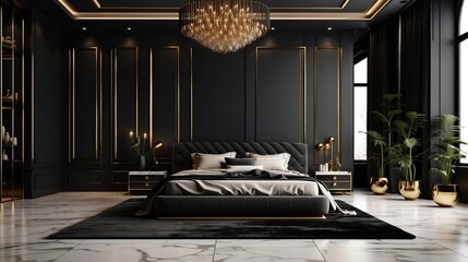 Black and Gold Bedroom with Chandelier and Marble Floors. - obrazy, fototapety, plakaty