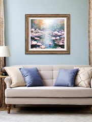Lotus Serenity: Serene Pond Reflections Landscape Print Framed in Nature's Beauty