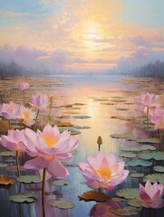 Dawn Painting: Serene Lotus Pond Reflections with Lotus at Early Light