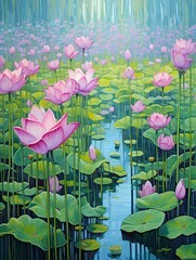 Serene Lotus Pond Reflections: Meadow Painting with Lotus in Grassy Field