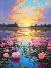 Golden Light on Lotus: Serene Sundown Reflections in a Pond Painting
