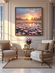 Serene Lotus Pond Reflections: Golden Light on Lotus at Sunset