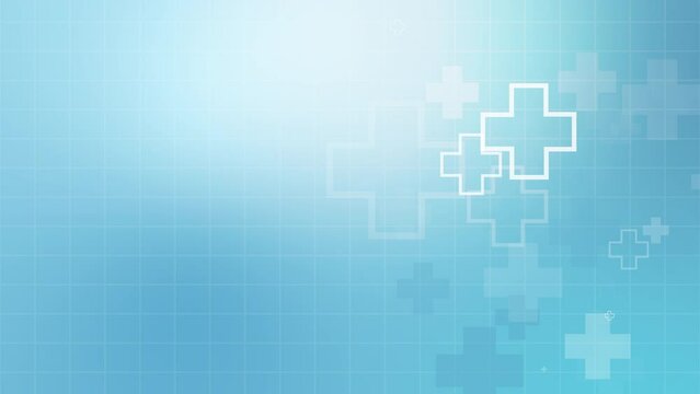 Abstract health and wellness cross icons, medical and treatment. Loop soft blue background with grid.