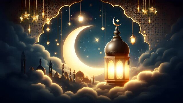 Islamic background for ramadan lantern and crescent moon. seamless looping 4K virtual video animation background