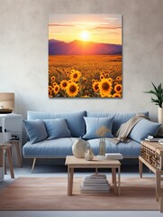 Sunflower Fields at Dawn: Majestic Mountain Landscape with Vibrant Sunflowers