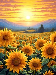 Fototapeta premium Sunflower Fields at Dawn: National Park Art Print - Captivating Sunflowers in Park View