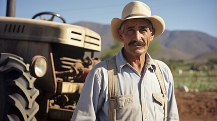 Mexican senior male farmer standing next to the tractor 