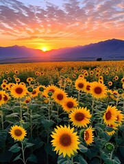 Obraz premium Sunflower Fields at Dawn: Rolling Valleys Embraced by Vibrant Sunflowers