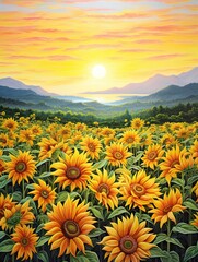 Fototapeta premium Dawn Sunflower Fields Vintage Painting: Captivating Artistry