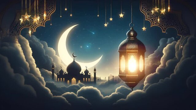 Islamic background for ramadan lantern and crescent moon. seamless looping 4K virtual video animation background